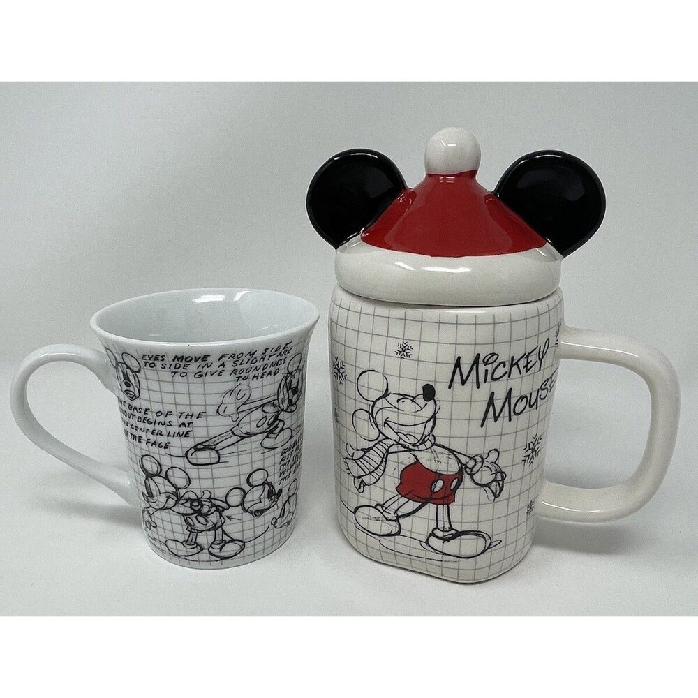 Mickey Mouse Sketch Santa Mug w/Ear Hat Lid & Sketch Coffee Tea Cup - Set Of Two